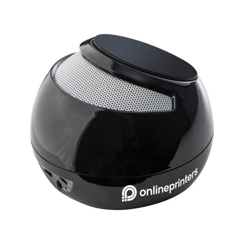 Altoparlante in plastica nera con design arrotondato.