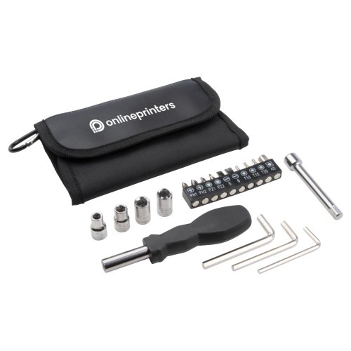 Set di attrezzi con borsa, cacciavite, bussole e set di punte.