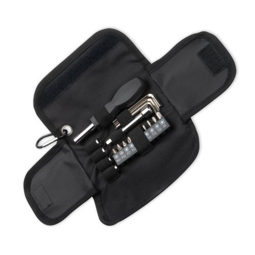 Set di attrezzi nero in custodia di tessuto con vari accessori.