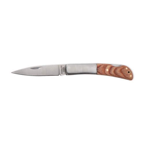 Coltello pieghevole in legno marrone con lama in acciaio inossidabile.