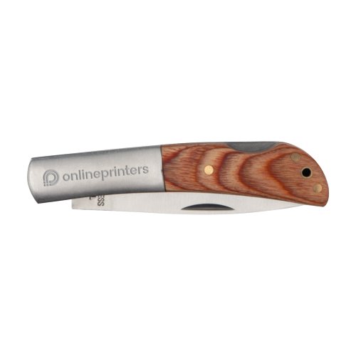 Coltello pieghevole in legno con lama in metallo.
