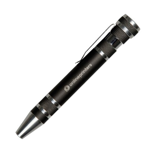 Set di cacciaviti in metallo nero con vari accessori.