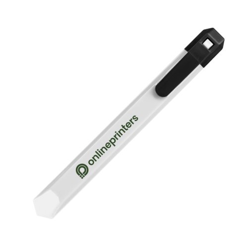 Cutter per cartone in plastica bianca con protezione lama e clip.
