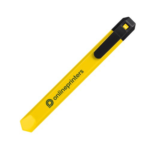 Taglierino per cartone giallo con protezione lama e clip.