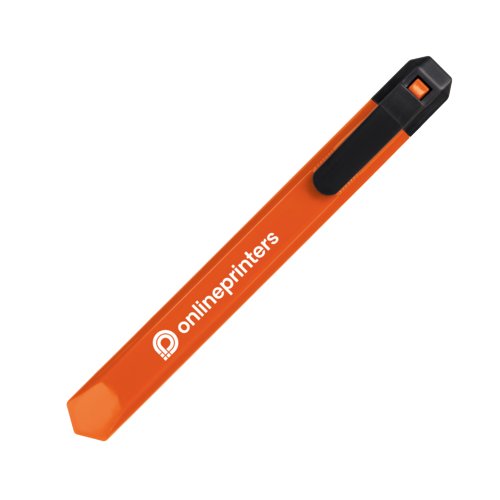 Cutter per cartone in plastica arancione con protezione lama.