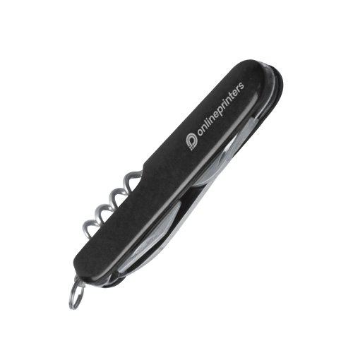 Coltellino tascabile nero con diversi strumenti e anello in metallo.