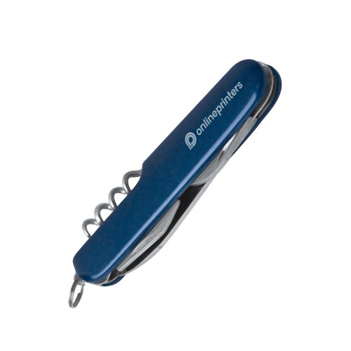 Coltellino tascabile blu con vari utensili e un portachiavi.