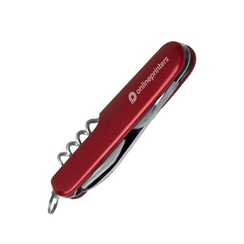 Coltellino tascabile rosso con vari utensili in metallo.