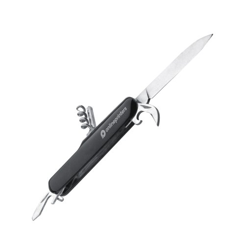 Coltello tascabile nero con multi utensili in acciaio inossidabile.