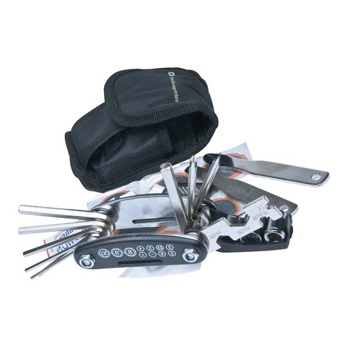Kit di riparazione per biciclette nero con attrezzi e custodia.