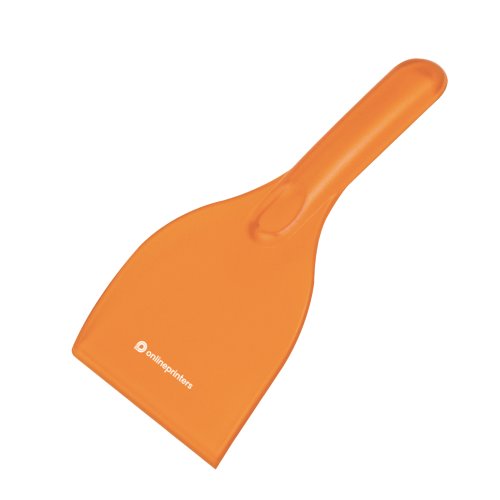 Raschietto per ghiaccio in plastica arancione con manico.