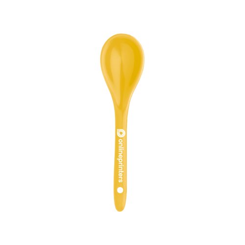 Cucchiaio in plastica giallo con ciotola arrotondata.