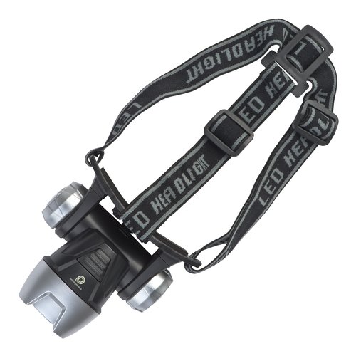 Lampada frontale nera con fascia regolabile.