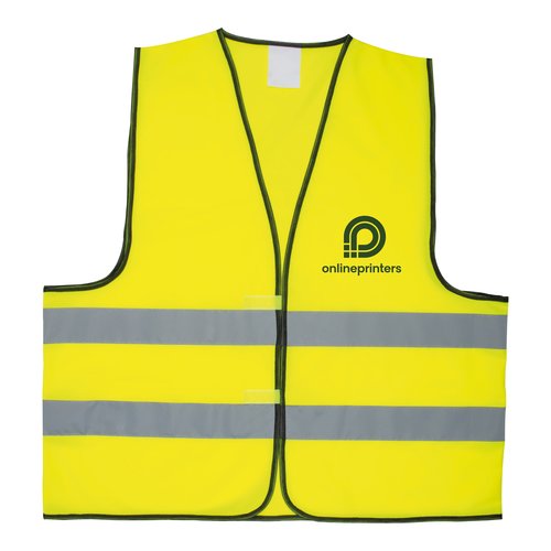 Gilet di sicurezza giallo con strisce riflettenti e chiusura a velcro.