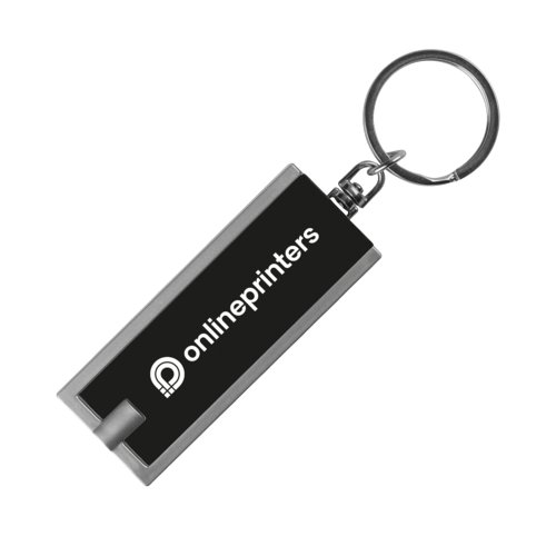 Portachiavi nero in plastica con luce LED e anello in metallo.