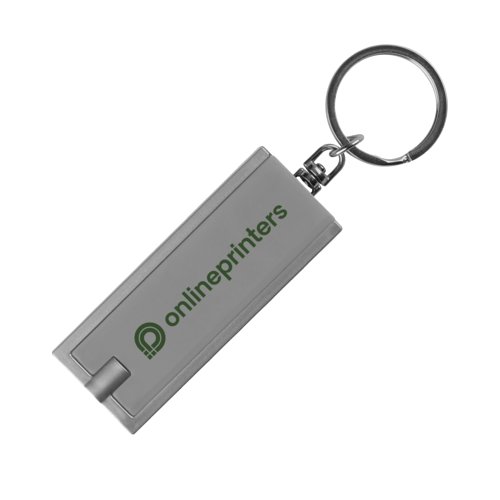 Portachiavi in plastica grigia con luce LED e anello in metallo.