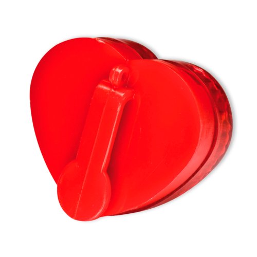 Luce lampeggiante rossa a forma di cuore con clip di fissaggio.