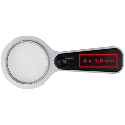 Lente d'ingrandimento argentata con luce LED sul manico.