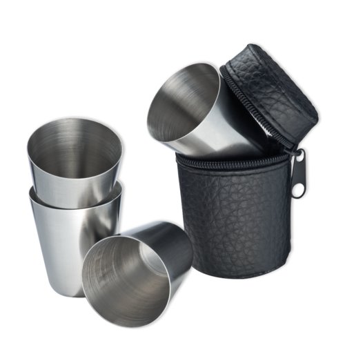 Set di bicchierini in acciaio inox nero con custodia.
