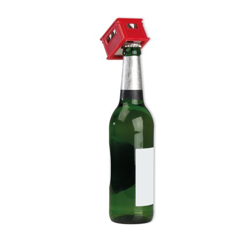 Apribottiglie rosso in plastica a forma di cassa.