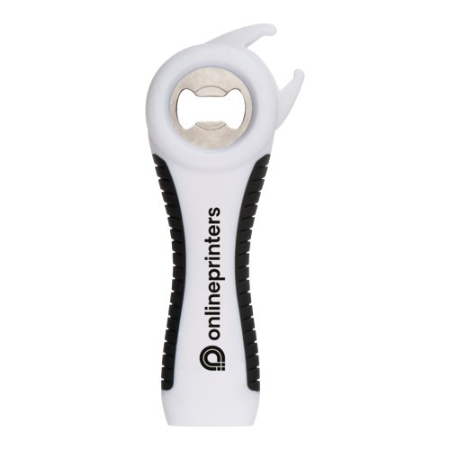 Apribottiglie multiplo in plastica bianca con inserto in metallo e manico antiscivolo.