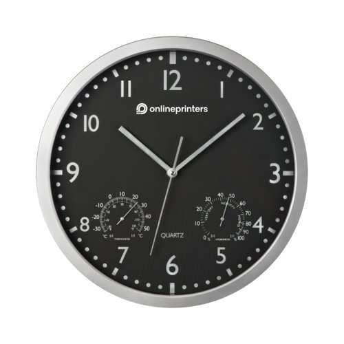 Orologio da parete nero con termometro e igrometro.