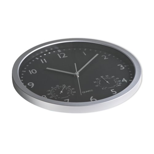 Orologio da parete nero con lancette per ore, minuti e secondi.