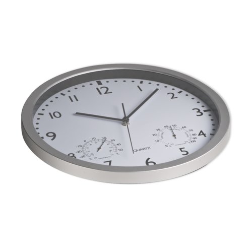Orologio da parete bianco con cornice argentata e indicatore di temperatura.
