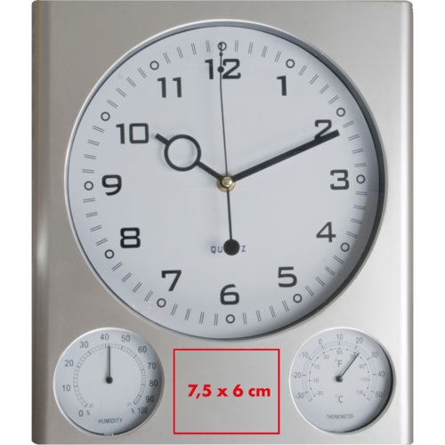 Orologio da parete argentato in plastica con termometro e igrometro.