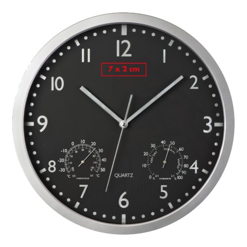 Orologio da parete nero con lancette per ore, minuti e secondi.