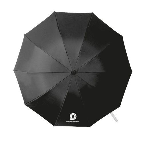 Ombrello tascabile nero con meccanismo di apertura manuale.