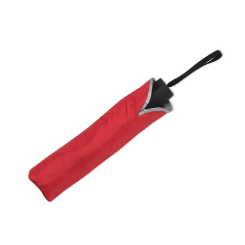 Ombrello pieghevole rosso con cinturino e custodia protettiva abbinata.