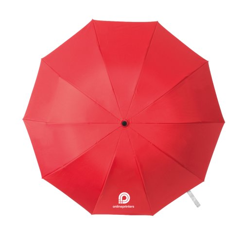 Ombrello pieghevole rosso con fodera e meccanismo di apertura manuale.