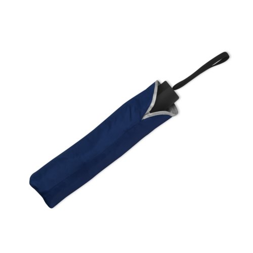 Ombrello tascabile blu scuro con cinturino e custodia protettiva.
