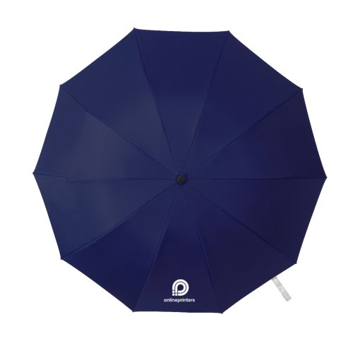 Ombrello tascabile blu scuro con custodia e manico.