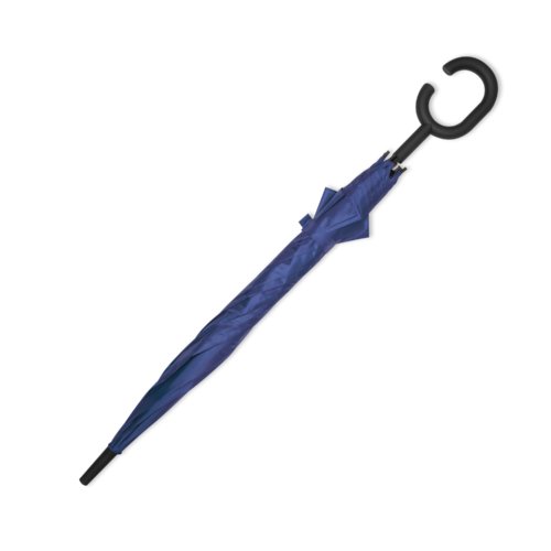 Ombrello blu con manico speciale.