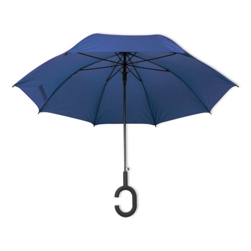 Ombrello blu con manico speciale.