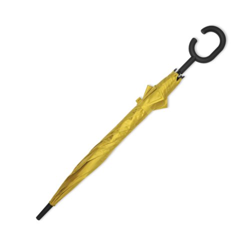 Ombrello giallo in tessuto con manico speciale.