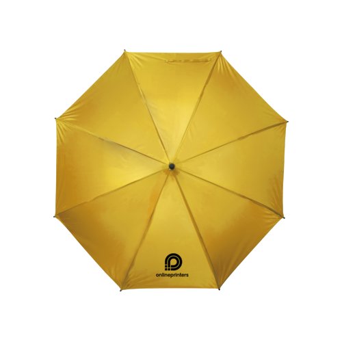 Ombrello giallo con manico a bastone e meccanismo di apertura manuale.