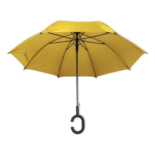 Ombrello giallo con manico speciale.