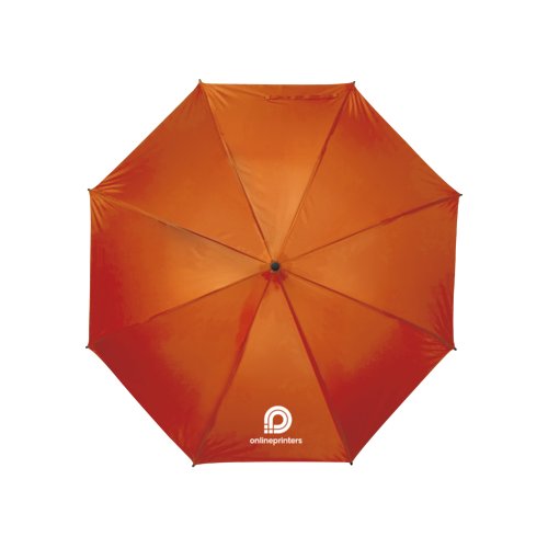 Ombrello arancione con meccanismo di apertura manuale.