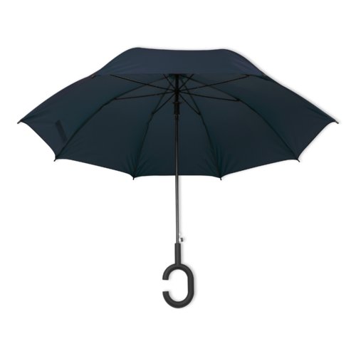 Ombrello blu scuro con manico speciale.