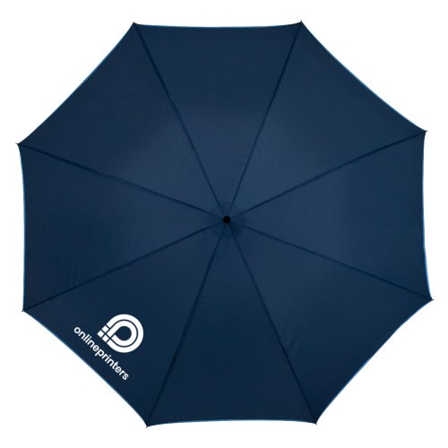 Ombrello automatico blu con motivo e manico confortevole.