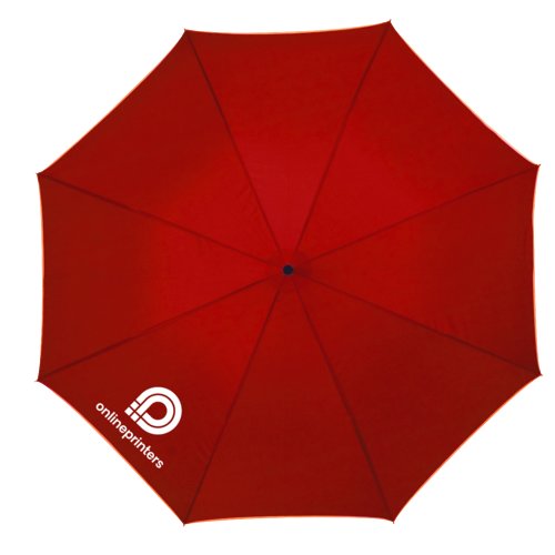 Ombrello automatico rosso con manico e fodero.