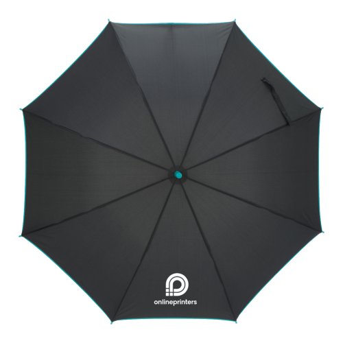 Ombrello automatico turchese con copertura e manico confortevole.