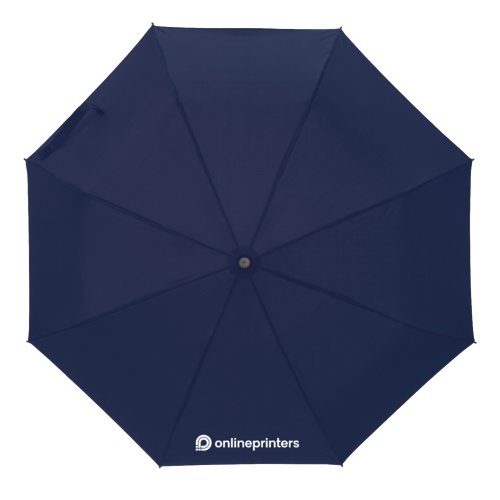 Ombrello tascabile blu scuro con fodero e manico.