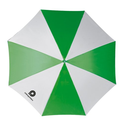 Ombrello automatico verde e bianco con ampia tettoia.