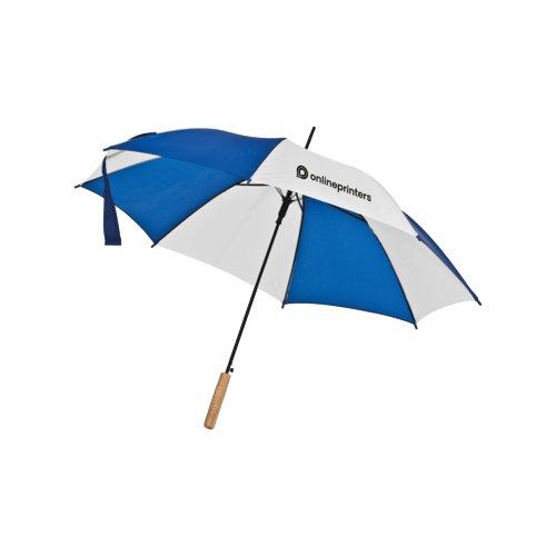 Ombrello dritto automatico blu con manico in legno.