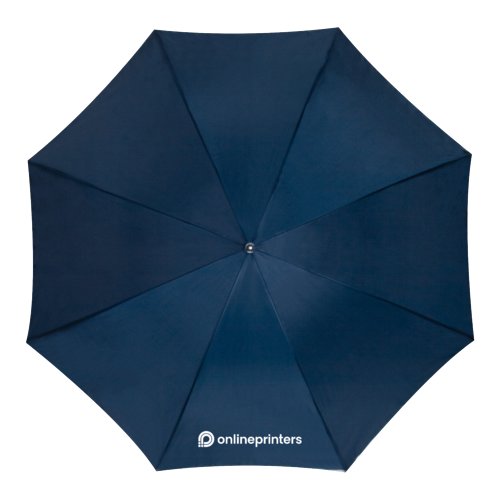 Ombrello a bastone automatico blu scuro con fodero e manico.