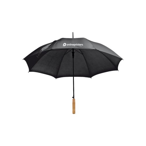 Ombrello dritto automatico nero con manico in legno.